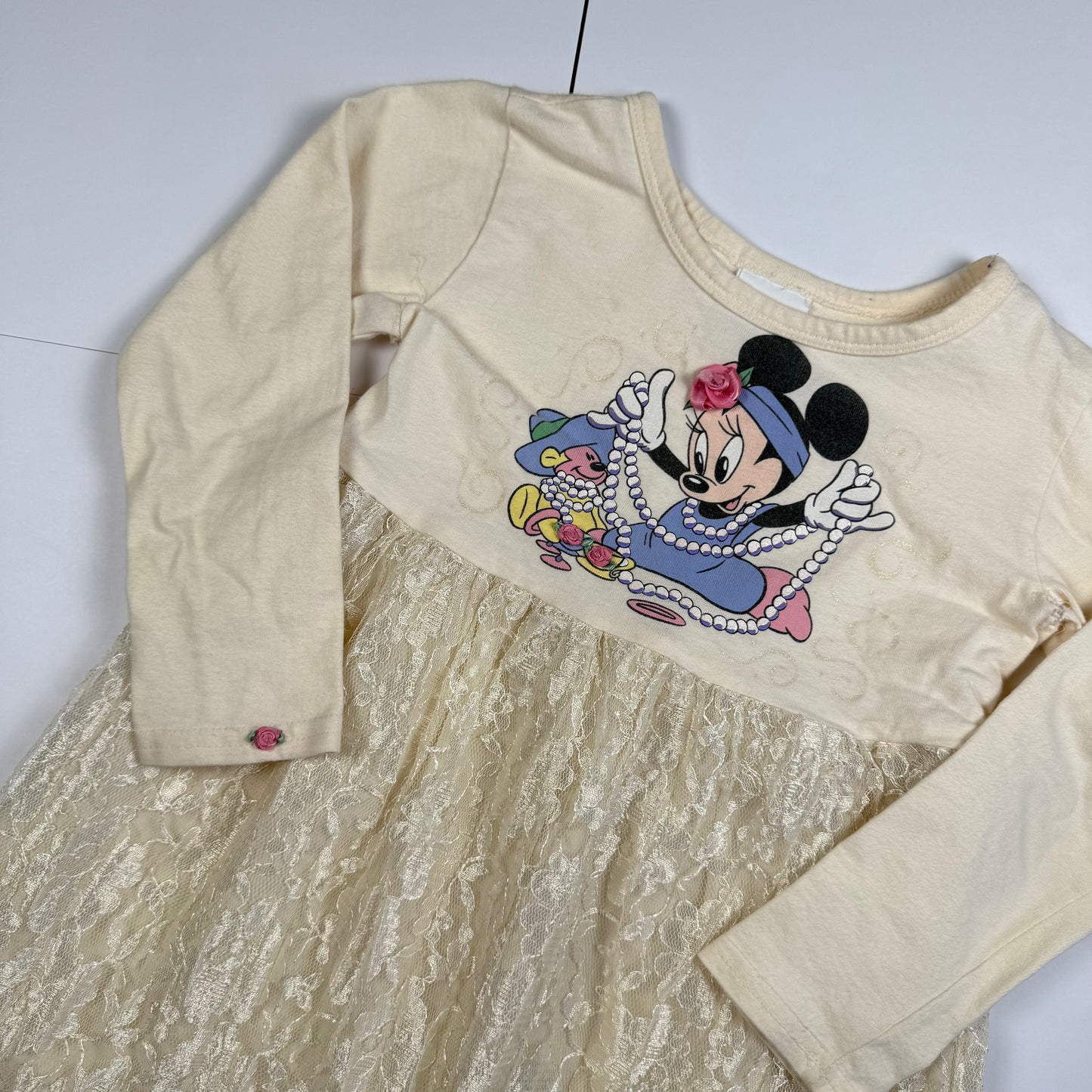 Vintage 1990's Minnie Mouse Pearl Necklace Lace Dress - Girls 5/6