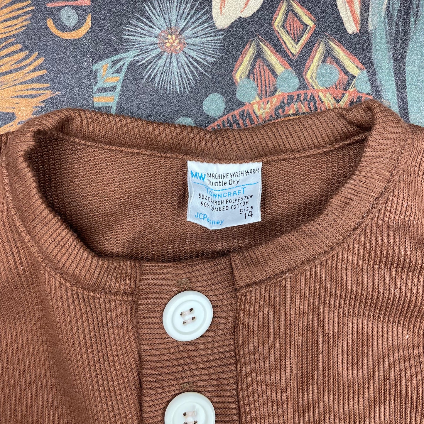 Kids Vintage Half Button Brown Ribbed Shirt - Youth Large