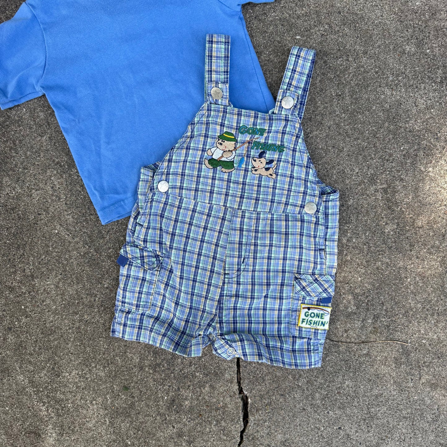Vintage Y2K Gone Fishing Plaid Romper and Shirt Set - 6/9 Months