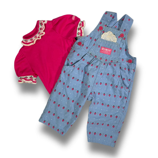 Vintage Oshkosh B'Gosh Strawberry Overalls and Shirt Set - 3/6 Months