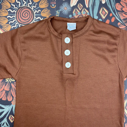 Kids Vintage Half Button Brown Ribbed Shirt - Youth Large