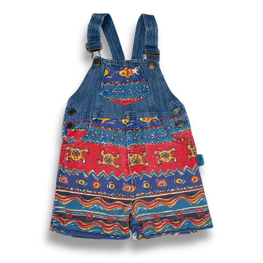 Vintage Funky Print Fish Denim Shortalls - 2T