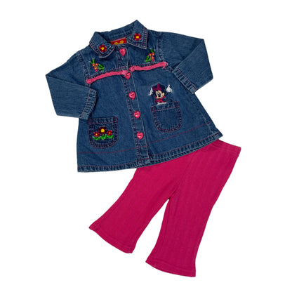 Y2K Minnie Mouse Denim Shirt and Leggings Set - 6/9 Months