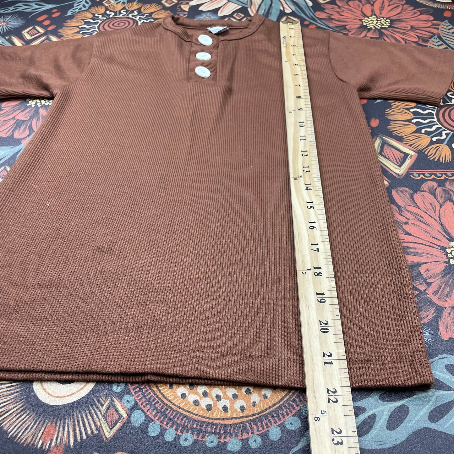 Kids Vintage Half Button Brown Ribbed Shirt - Youth Large